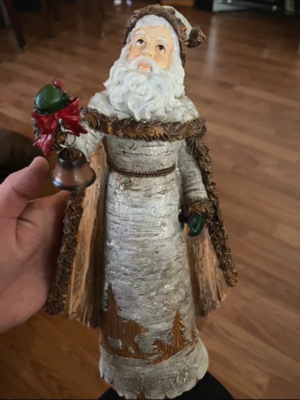 Birch-Style White Santa Figurine with Bell - Holiday Tabletop Decor